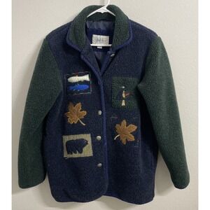 MS Cambridge Vintage Blue Jacket‎ Embroidered Fish Leaf Bear Applique Granny